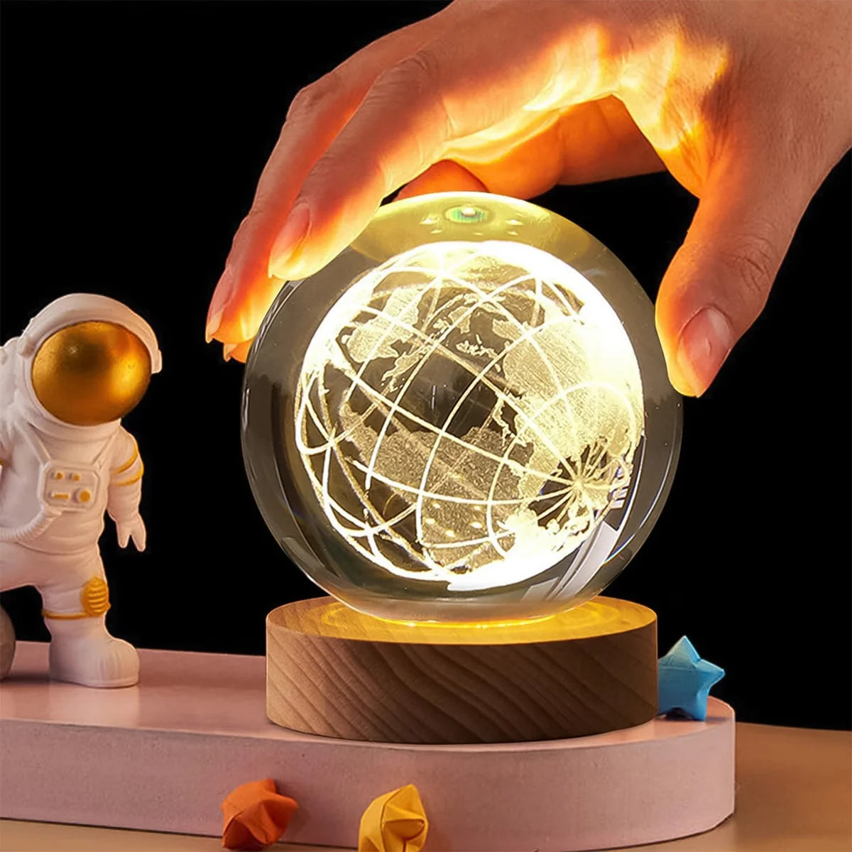 World 3d Crystal Ball Lamps With Wood Base (1 Pc)